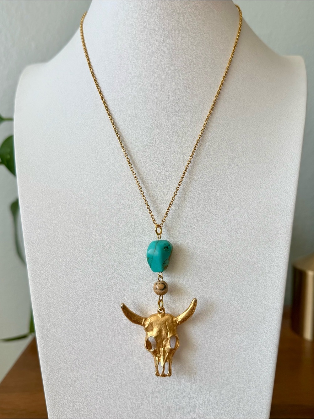 Vintage Matte Goldtone Longhorn Bull Skull Necklace Natural Turquoise Bead